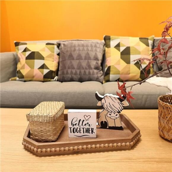 Rustic Wood Beaded Serving Tray Farmhouse Decor Centerpiece Candle Holder - Picture 4 of 7